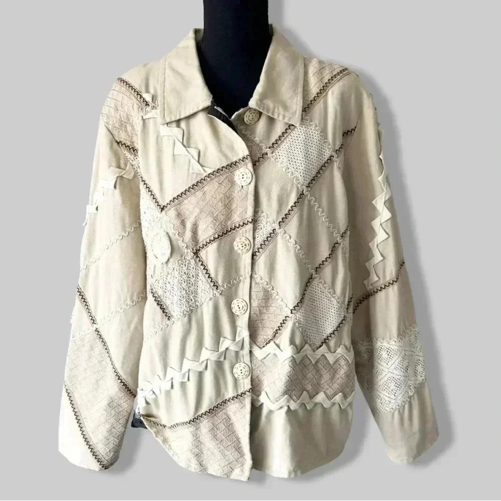 Bellessa Beige Embroidered Patchwork Embellishment Jacket